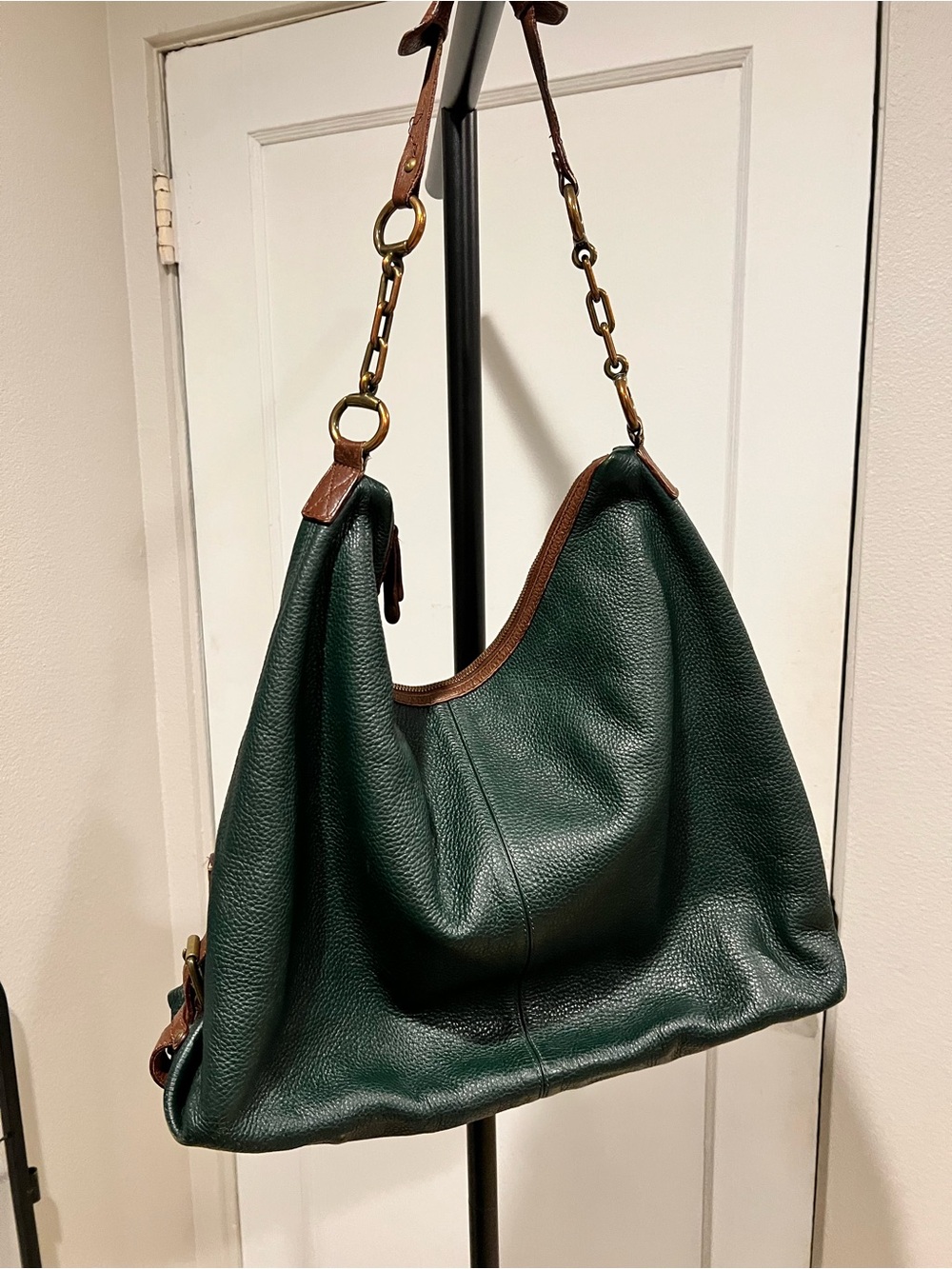 J. Crew Forest Green Leather Hobo with Brown Trim & Chain Strap